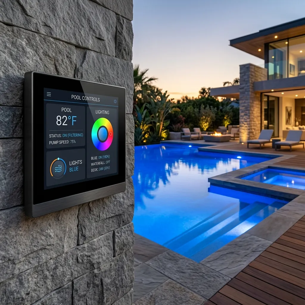 Painel de automação de piscina com controle por touchscreen