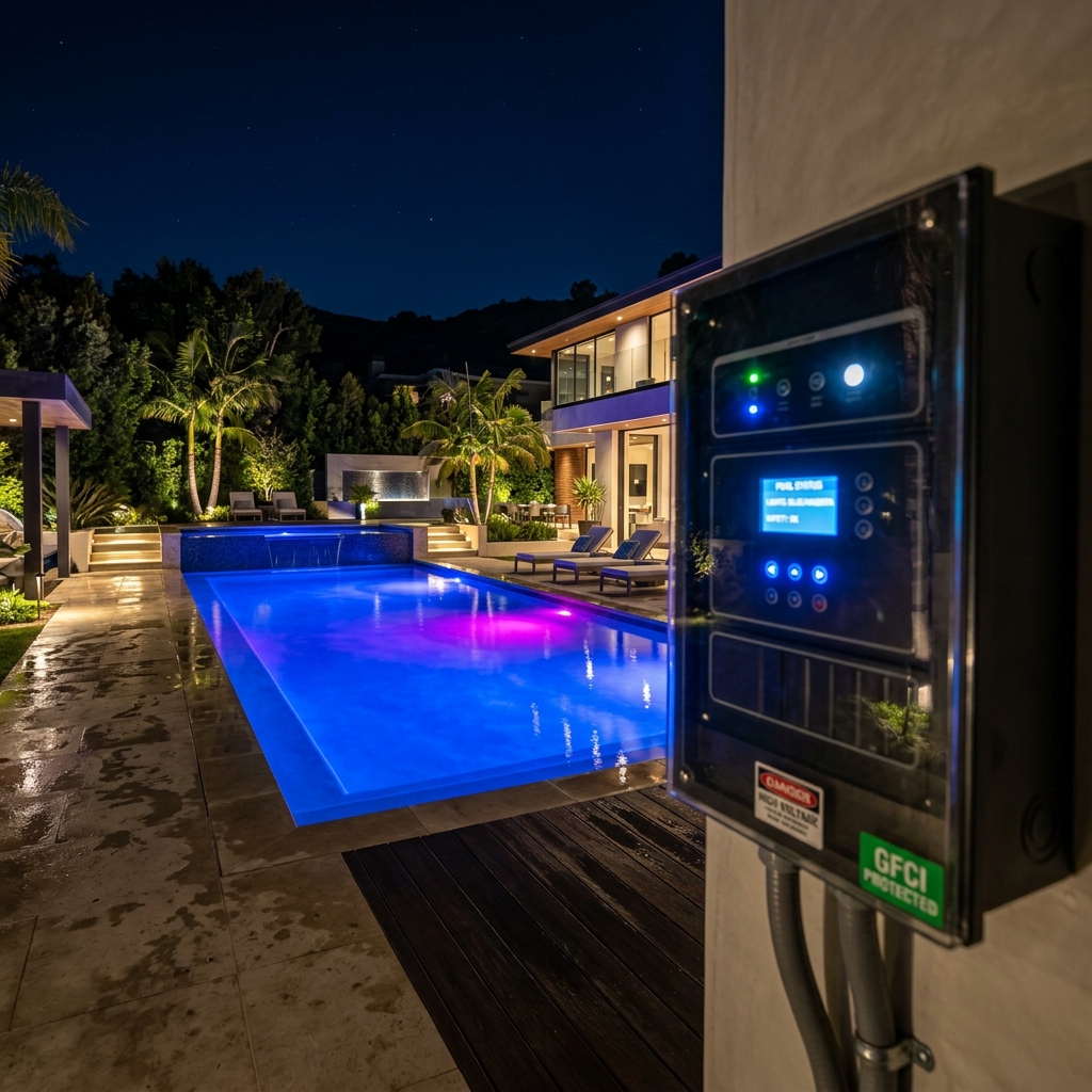 Painel elétrico de piscina e iluminação noturna