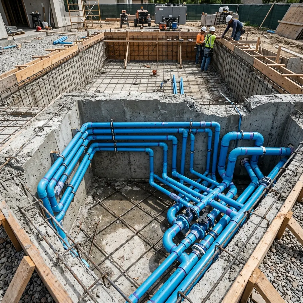 Tubulação PVC instalada em piscina em construção